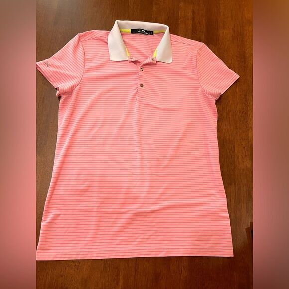 Golf Performance Polo Neon Pink Stripe Snap Placket Stretch Moisture-Wick M RLX - Picture 5 of 8